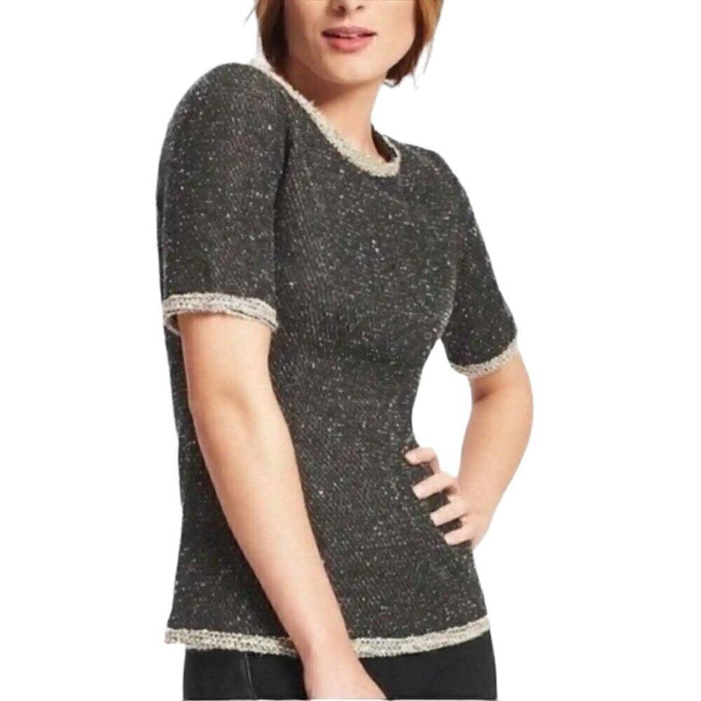 CAbi Womens Coco Dark Gray Tweed Knit Short Sleeve Round Neck Pullover Sweater M
